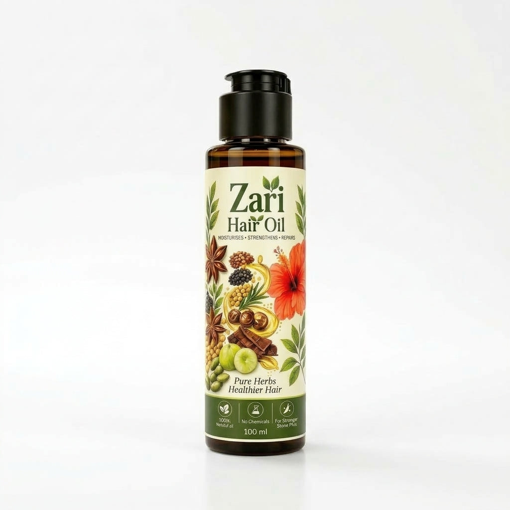 Zari Hair Oil bottles displayed with natural ingredients