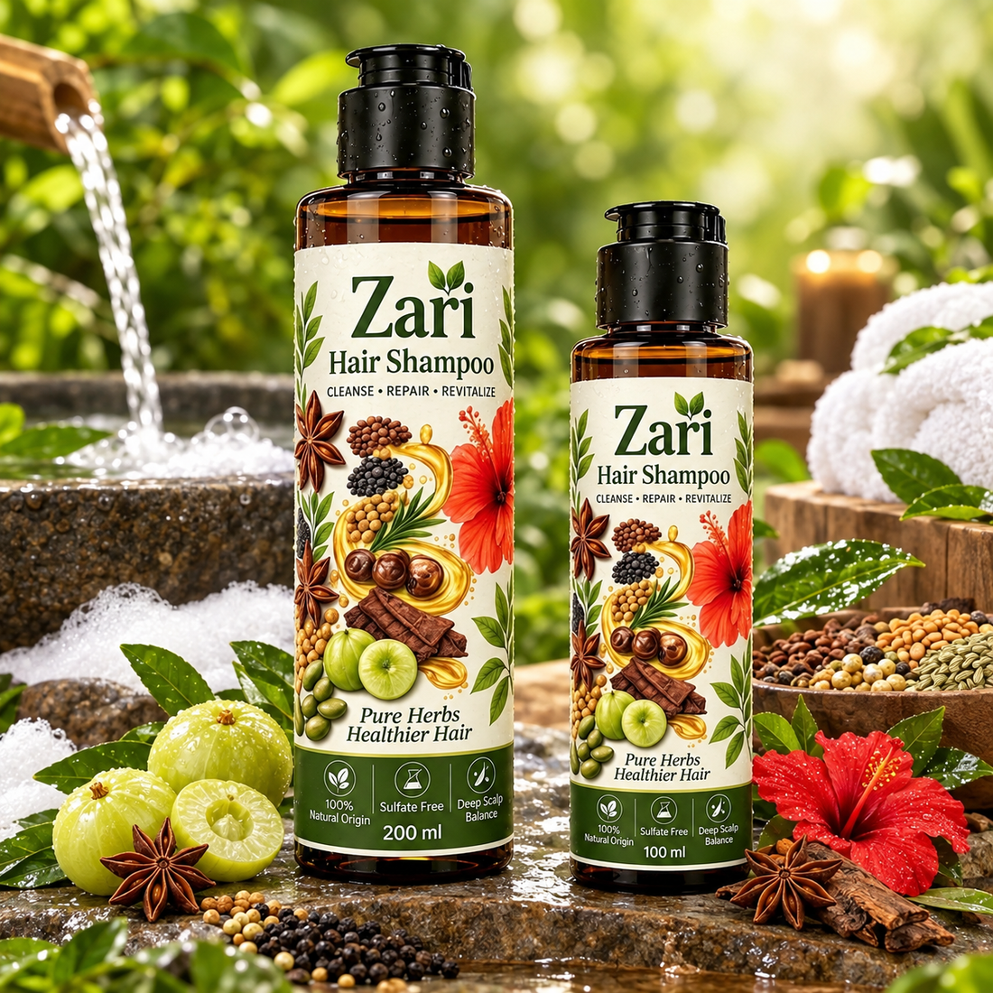 Zari Hair Shampoo 100ml and 200ml bottles with herbs and flowers on natural background