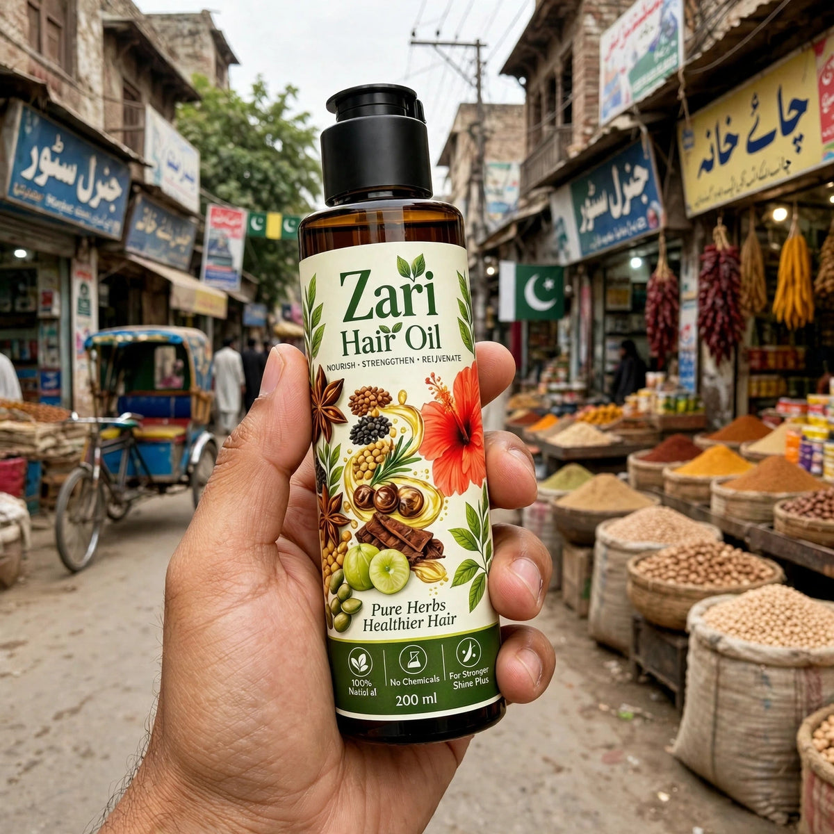 Zari Hair Oil 200ml held in hand at Pakistani market