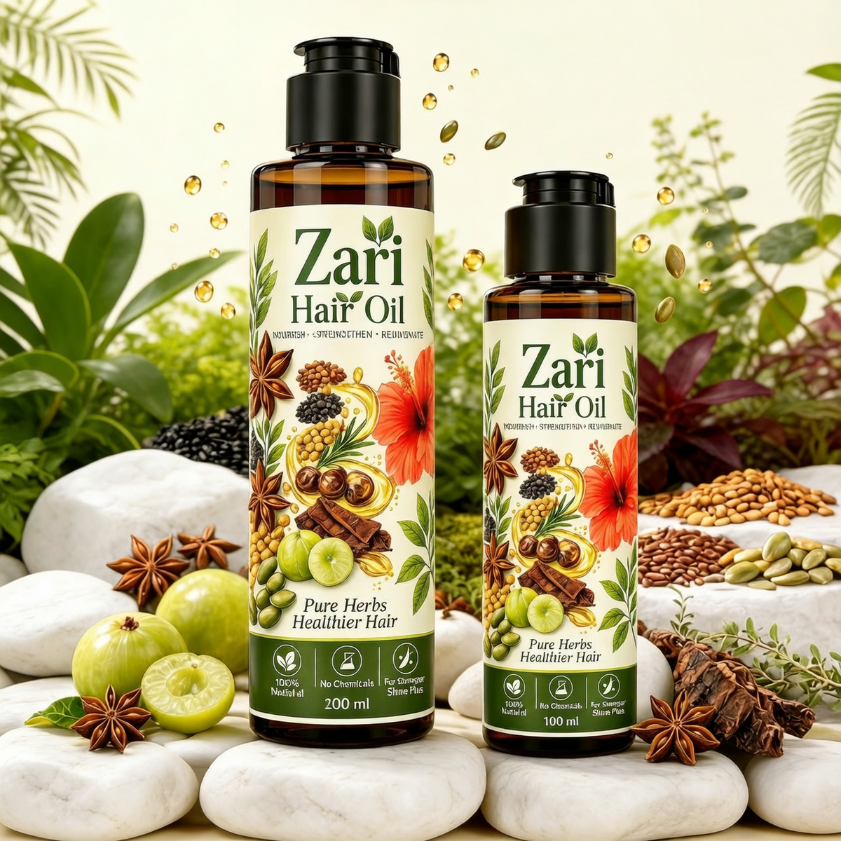 Zari Hair Oil 100ml and 200ml bottles with herbs and flowers